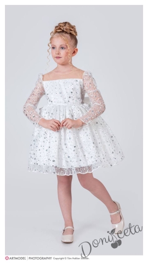 Официална детска рокля в бяло с  блясък с дълъг ръкав Естелка