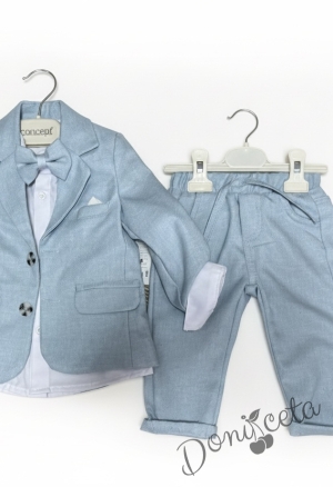 Детски комплект за момче от 4 части в  топло светлосиньо - сако, панталон, риза в бяло и папийонка 