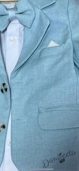 Детски комплект за момче от 4 части в  топло светлосиньо - сако, панталон, риза в бяло и папийонка 