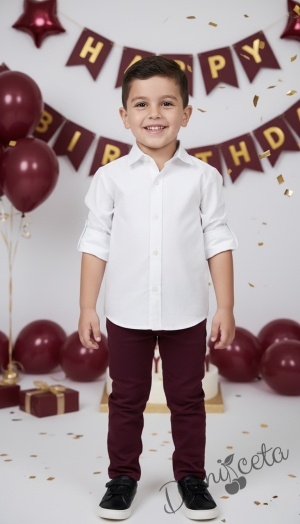 Официален комплект за момче от 2 части-риза в бяло с яка и копчета в бежово и панталон в бордо