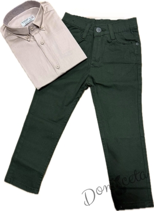 Детски комплект за момче от 2 части-риза в бежово с яка и панталон в зелено