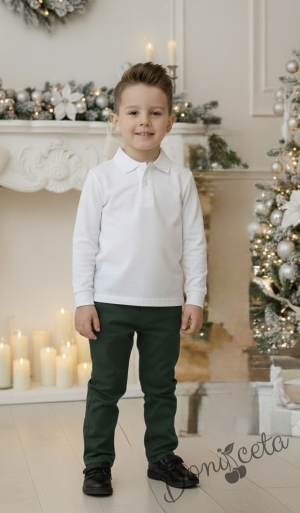  Комплект за момче от 2 части-блуза в бяло с якичка и панталон в зелено
