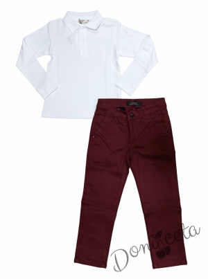  Комплект за момче от 2 части-блуза в бяло с якичка и панталон в бордо