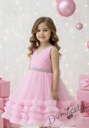 Официална детска/бебешка рокля в розово с тюл и панделка Тиана
