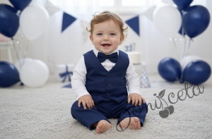 Бебешки официален комплект в синьо с боди-риза в бяло, панталон, елек и папийонка 