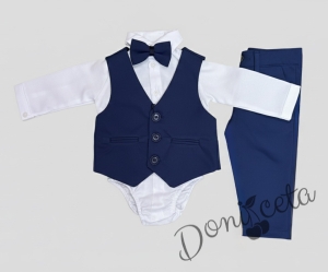 Бебешки официален комплект в синьо с боди-риза в бяло, панталон, елек и папийонка 