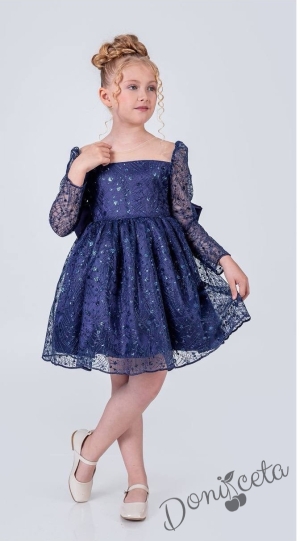 Официална детска рокля в тъмносиньо с блясък с дълъг ръкав Естелка