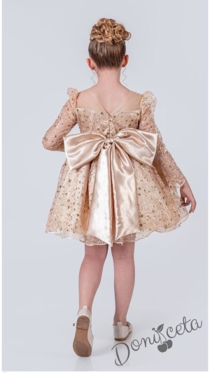 Официална детска рокля в златисто с блясък с дълъг ръкав Естелка