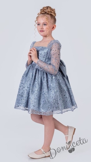 Официална детска рокля в сребристо с блясък с дълъг ръкав Естелка