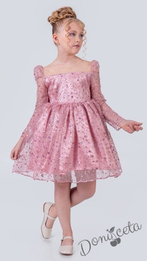 Официална детска рокля в пепел от рози с блясък с дълъг ръкав Естелка