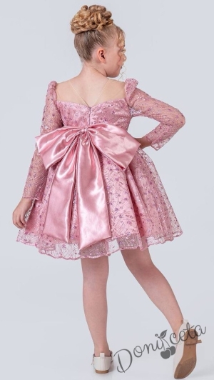 Официална детска рокля в пепел от рози с блясък с дълъг ръкав Естелка