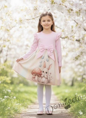 Бебешка/детска рокля в розово с къдрички, панделка и зайче