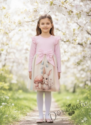 Бебешка/детска рокля в розово с къдрички, панделка и зайче