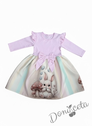 Бебешка/детска рокля в розово с къдрички, панделка и зайче