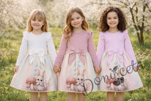 Бебешка/детска рокля в пепел от рози с къдрички, панделка и зайче