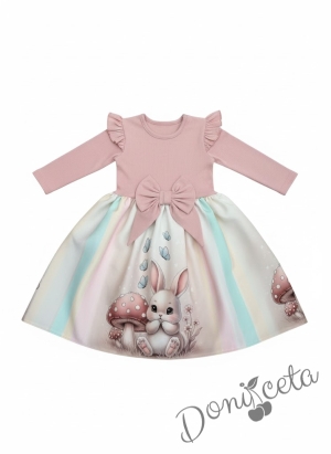 Бебешка/детска рокля в пепел от рози с къдрички, панделка и зайче