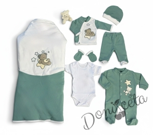 Бебешки комплект за изписване за момче в зелено и бяло от 7 части