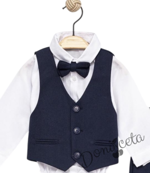 Бебешки комплект от боди-риза в бяло, панталон, елек и папийонка в тъмносиньо