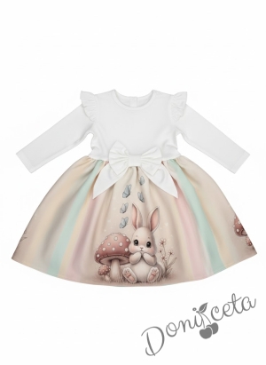 Детска рокля с дълъг ръкав в екрю с къдрички, панделка и зайче