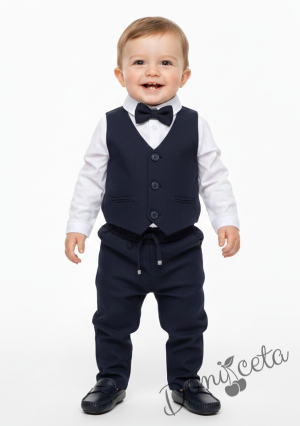 Бебешки комплект от боди-риза в бяло, панталон, елек и папийонка в тъмносиньо