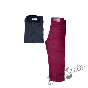 Официален комплект за момче от 2 части-риза в черно БЕЗ яка и панталон в бордо