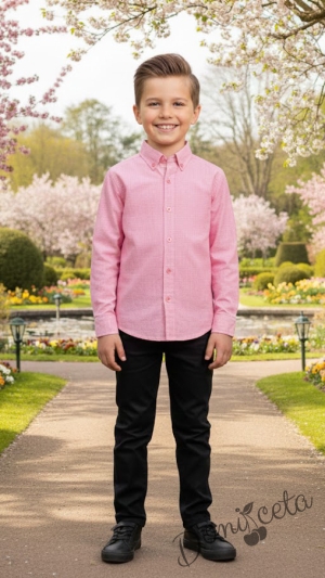  Комплект за момче от 2 части-риза в цвят корал с якичка и панталон в черно