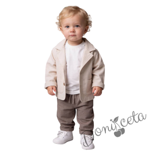 Официален комплект за момче от 3 части-сако и панталон в бежово и блуза в бяло 