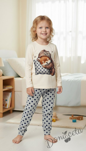 Детска пижама за момиче с горна част в екрю с картинка и долнище в сиво на точки