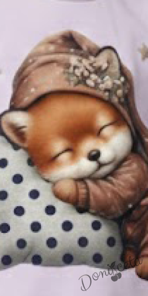 Детска пижама за момиче с горна част в лилаво с картинка и долнище в сиво на точки