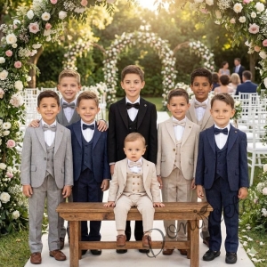 Официален детски костюм в тъмносиньо от 5 части- риза в бяло,сако, елек, панталон, папийонка  