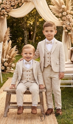 Официален детски костюм за момче от 5 части в бежово - елегантен панталон, риза, елек с два реда копчета, сако и папийонка  от колекция Бежина