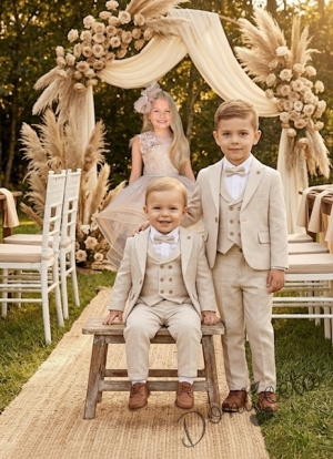 Официален детски костюм за момче от 5 части в бежово - елегантен панталон, риза, елек с два реда копчета, сако и папийонка  от колекция Бежина