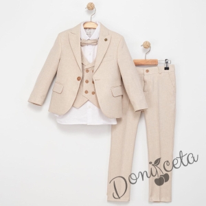 Официален детски костюм за момче от 5 части в бежово - елегантен панталон, риза, елек с два реда копчета, сако и папийонка  от колекция Бежина