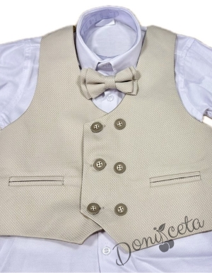 Елегантен костюм в бежово за момче от 4 части елек с два реда копчета, риза в бяло, панталон и папийонка  от колекция Бежина