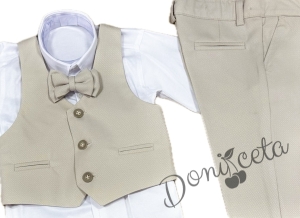 Елегантен костюм в бежово за момче от 4 части елек с два реда копчета, риза в бяло, панталон и папийонка  от колекция Бежина