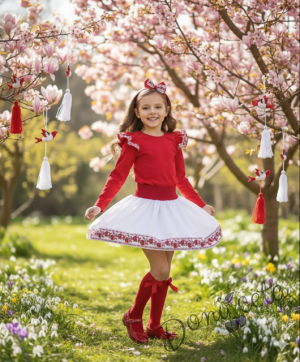 Комплект за момиче за баба Марта от 4 части-пола в бяло, блуза в червено с къдрици с фолклорни/етно мотиви, чорапи в червено с панделка с етно мотиви и диадема