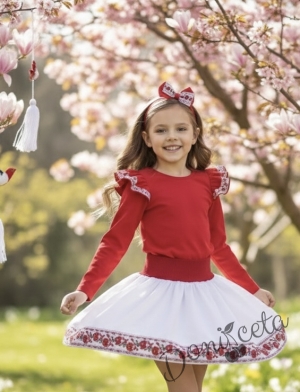 Комплект за момиче за баба Марта от 4 части-пола в бяло, блуза в червено с къдрици с фолклорни/етно мотиви, чорапи в червено с панделка с етно мотиви и диадема