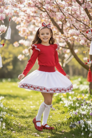 Комплект за момиче за Баба Марта от 4 части-пола в бяло, блуза в червено с къдрици с фолклорни/етно мотиви, чорапи в бяло с панделка и диадема