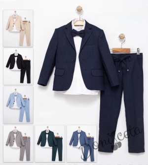 Спортно-елегантен костюм за момче от 4 части в тъмносиньо -риза в бяло, сако с джобове, панталон с връзки и папийонка