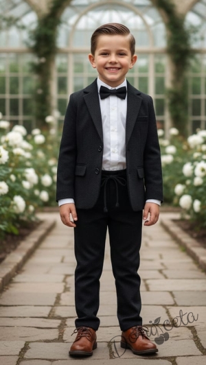 Спортно-елегантен костюм за момче от 4 части в черно-риза в бяло, сако с джобове, панталон с връзки и папийонка Черновина