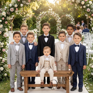 Официален детски костюм за момче от 5 части в бежово - елегантен панталон, риза, елек с два реда копчета, сако и папийонка  от колекция Бежина