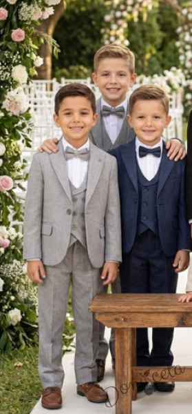 Официален костюм в сиво за момче от 5 части с риза, сако, елек, панталон и папийонка 