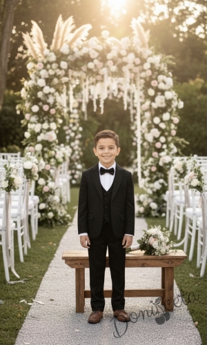 Елегантен официален детски костюм за момче от 5 части в черно-сако, панталон, елек, риза и папийонка от колекция Черновина