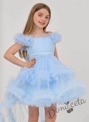 Официална празнична детска рокля Даная в светлосиньо с ефирен тюл на пластове, шлейф и фиба за коса