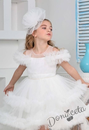 Официална детска рокля Даная в бяло с ефирен тюл на пластове, шлейф и фиба за коса