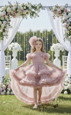 Официална детска рокля Даная в пепел от рози с ефирен тюл на пластове, шлейф и фиба за коса