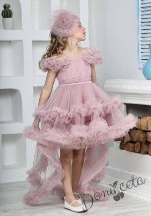 Официална детска рокля Даная в пепел от рози с ефирен тюл на пластове, шлейф и фиба за коса