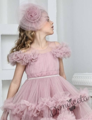 Официална детска рокля Даная в пепел от рози с ефирен тюл на пластове, шлейф и фиба за коса