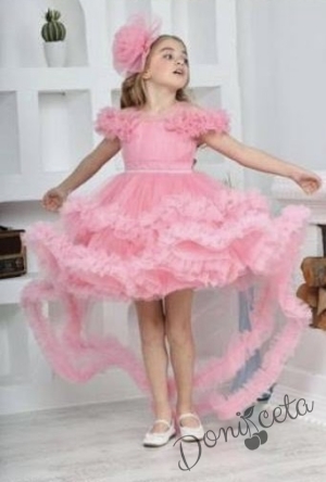Детска официална рокля Даная в бонбонено розово с ефирен тюл на пластове, шлейф и фиба за коса от колекция Розовина