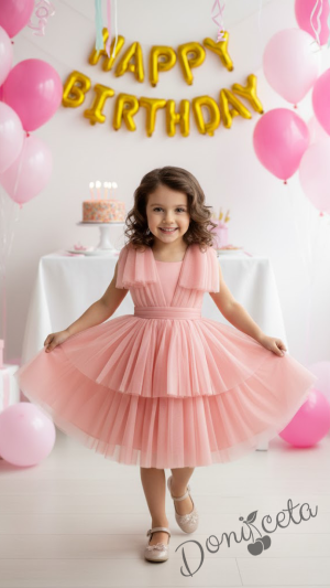 Официална празнична детска рокля с тюл в прасковено